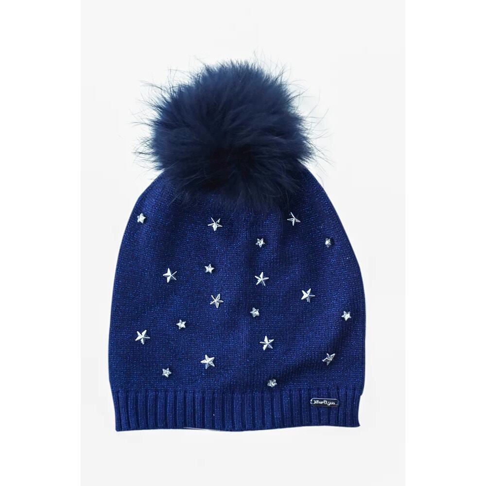 NWT Bari Lynn Kids Youth Studded Star Beanie w/ Navy Fox Fur Pom Pom
